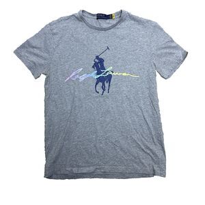 Polo Ralph Lauren‎ Mens Small Gray Tee Shirt Holographic Logo Horse 100% Cotton